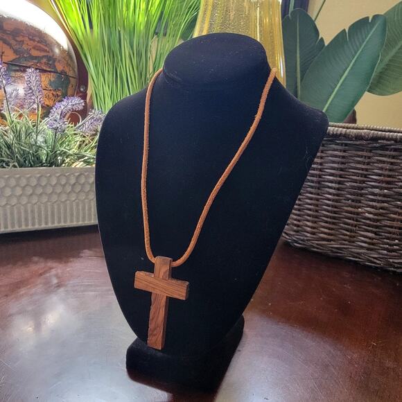 Rustic Vintage Wooden Cross Necklace with Leather Cord & Christian Style Pendant - Picture 1 of 10